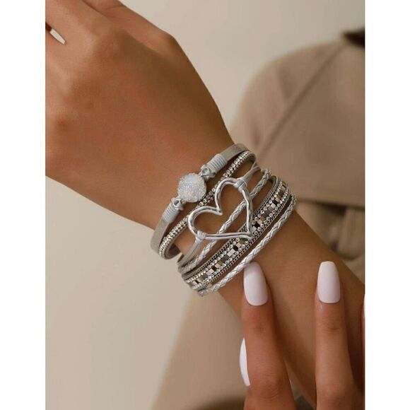 Bohemian Silver Polyurethane Cubic Zirconia & Heart Decor Layered Bracelet - Picture 1 of 4